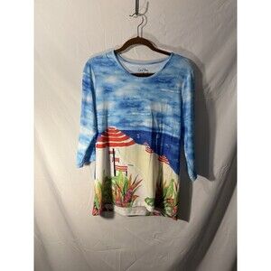 Coral Bay Long Sleeve Multicolor Beach Scene Scoop Neck Sz M
